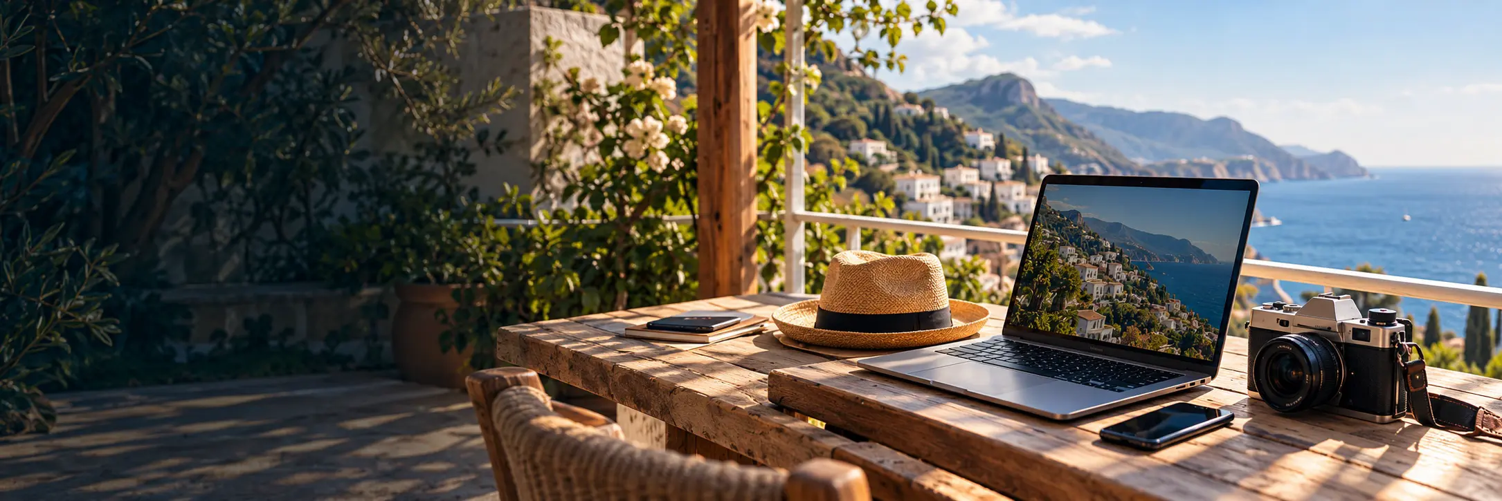 Espacio de trabajo para agente de viajes con vista al mar