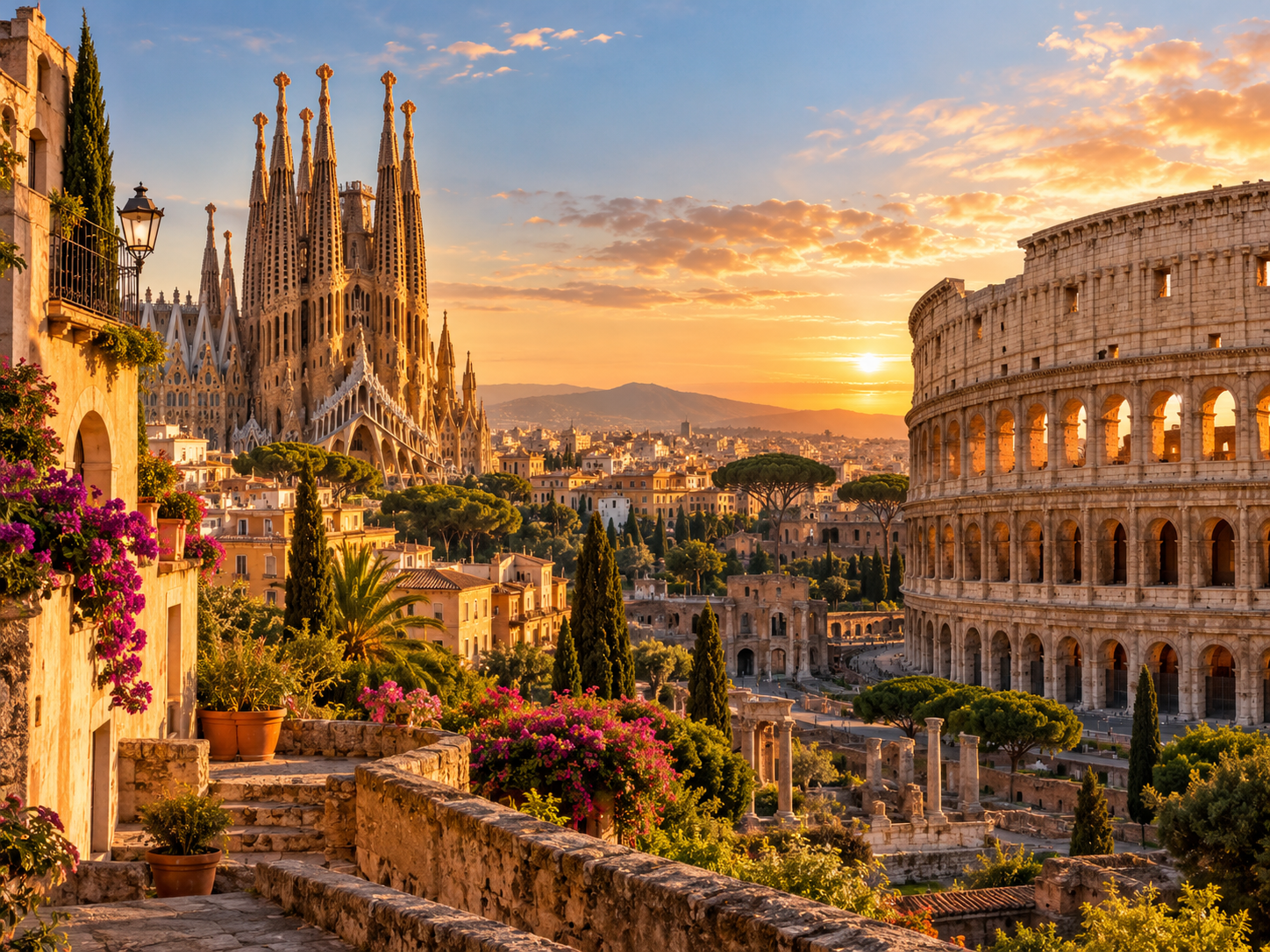 Barcelona y Roma durante un recorrido por España e Italia