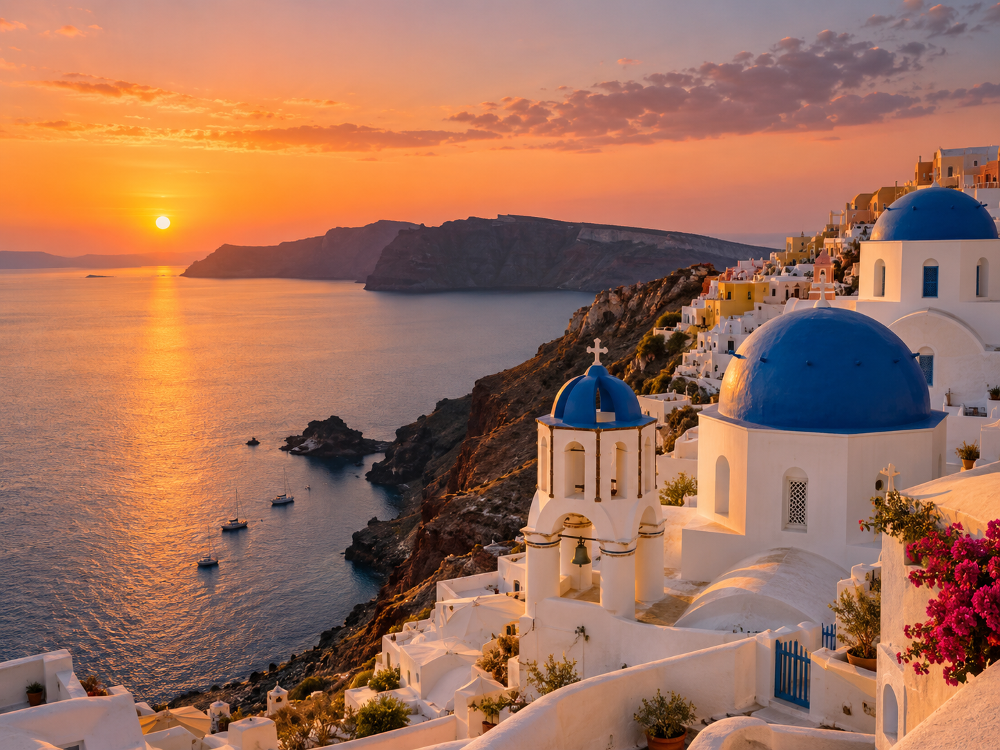 Cúpulas azules y mar al atardecer en Grecia