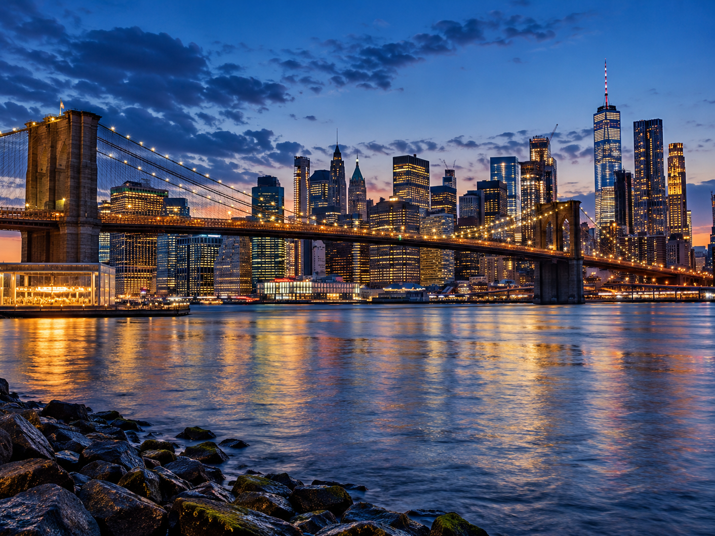 Nueva York y el puente de Brooklyn al anochecer